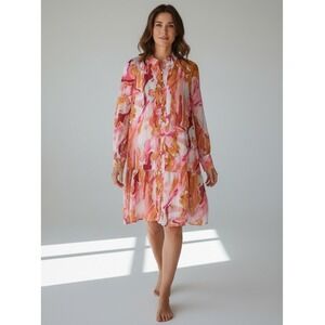 Fashion Pink Orange Abstract Print Button Down Ruffle Hem Mini Shirt Dress M NEW